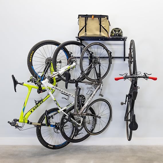 Teal Triangle G-Swivel Wall Mount Bike Rack for Garage - Premium Bicycle Stand & Hanger with Shelf - Adjustable Bike Hanger for Garage with Rotating Hooks - Indoor Bicycle Rack System for 4 Bikes
