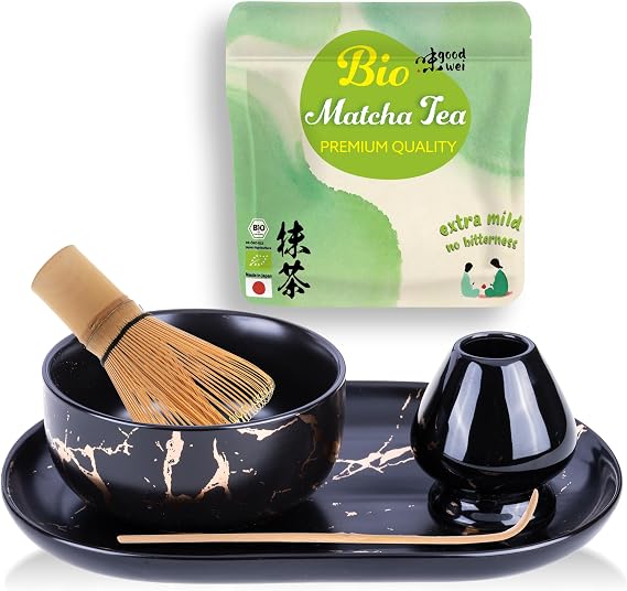 Goodwei Matcha Set with Modern Matcha Bowl in Elegant Marble Design, Matcha Brush, Broom Holder and Serving Tray, Gift Set for Tea Ceremony Including Organic Matcha and Latte Mix (Black)