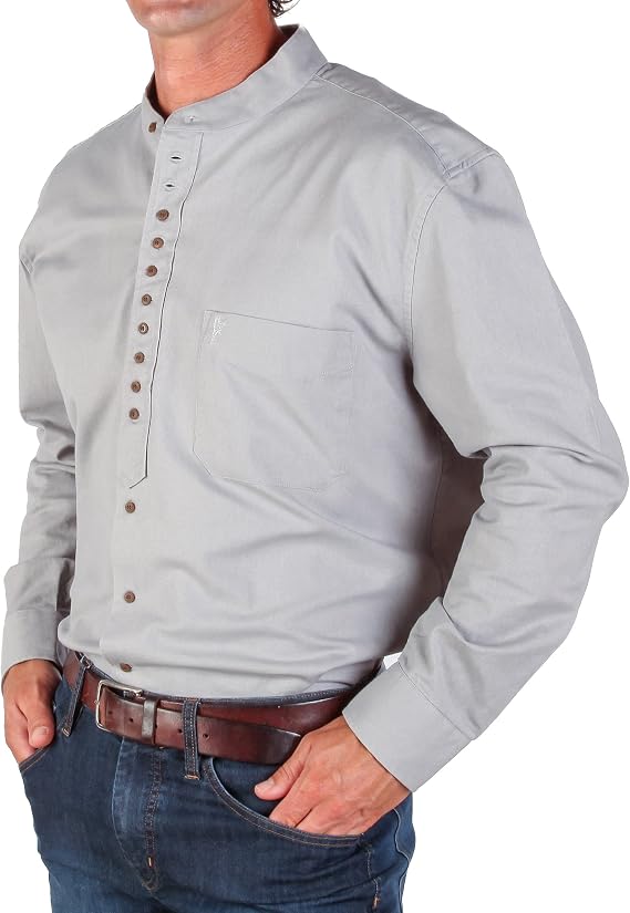 The Celtic Ranch Collarless Shirt for Men, Irish Grandfather Cotton-Linen | Traditional banded collar button-up Irish shirt with breathable cotton-linen comfort and classic long-sleeve styling.