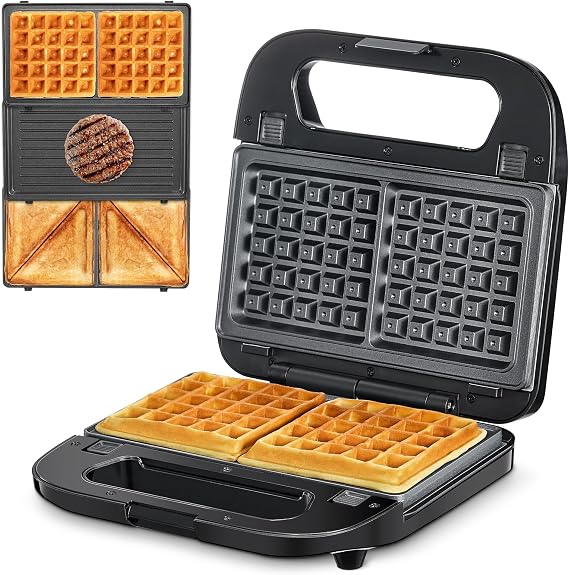 Reemix 3-in-1 Waffle, Grill & Sandwich Maker, Panini Press Grill | and Waffle Iron Set with Removable Non-Stick Plates, Perfect for Grilled Cheese, Tuna Melts, Burgers, Steaks (Black, Plastic)