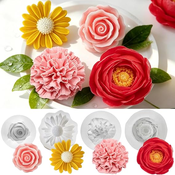 Pack of 4 Peony Flower Candle Moulds Silicone Moulds Flowers Flower Candle Mould Silicone Roses Carnation Chrysanthemum Peony 3D Silicone Moulds for DIY Handmade Decoration