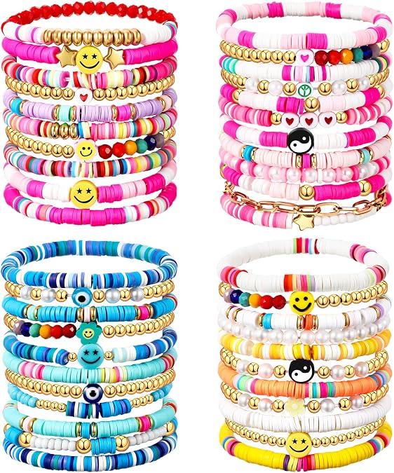 Ecally 44 Pcs Friendship Bracelet Heishi Surfer Clay Bead Set Preppy Bracelet Stackable Beach Boho Y2k Cute Jewelry for Women