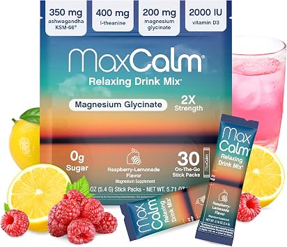 Relaxing Drink Mix | Raspberry-Lemonade Flavor | Magnesium & KSM-66 Ashwagandha Supplement | Supports Relaxation | 30 Single-Serve Packets