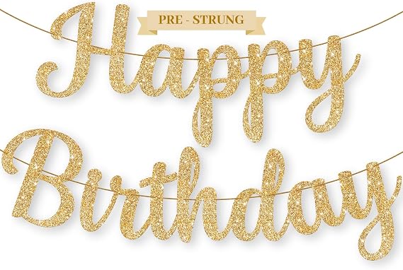 KatchOn Glitter Gold Happy Birthday Banner - 10 Feet, Pre-Strung
