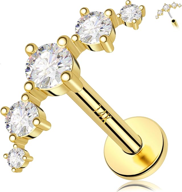 Melighting 14K Solid Gold Flat Back Earring - Curved Threadless & Titanium Push in Earring for Women - 16G Gold Cartilage & Conch Piercing Jewelry