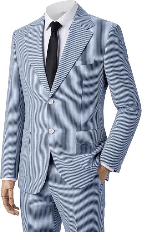 SOLOVEDRESS 2 Pieces Men's Seersucker Suit Grooms Lightweight Striped Tuxedos for Spring Summer