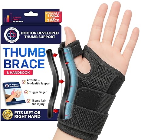 Dr.Arthritis Doctor Developed Thumb Brace & Doctor Handbook - Thumb Splint For Right Hand/Left (Black, Single)