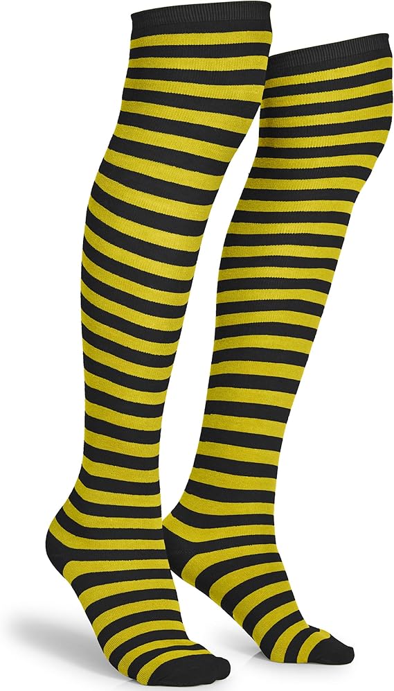 Skeleteen Black and Yellow Socks - Over the Knee Striped Thigh High Costume Accessories Bumble Bee Stockings for Women and Kids