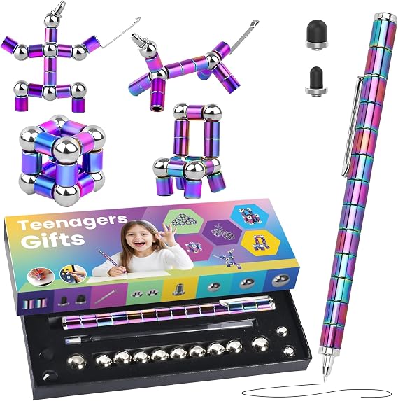 Magnetic Fidget Pen Writing Tool & Spinner Toy Combo with 13 Colorful Fun Rings, Stress Relief & Focus Gift for Kids 8+, Teens & Adults, Novelty Christmas Stocking Stuffer, Office & Study Toy