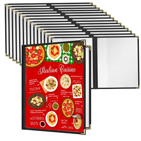 Restaurant Menu Covers Set 15 - Transparent Menu Covers 8.5" x 11" 2-Page Menu Holders with Metal Corners and Black Folder