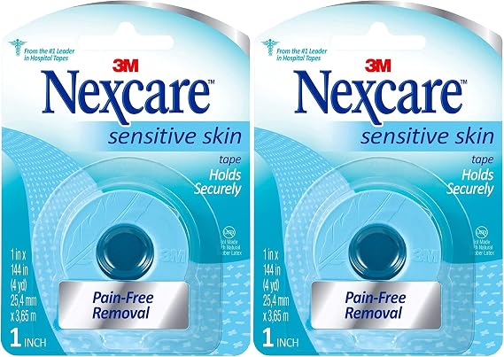 Nexcare Sensitive Skin Low Trauma Tape, 1 in x 4 yd, Pain-Free Removal, Hypoallergenic, 2 Rolls