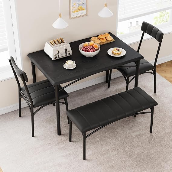 Takywep 4-Piece Small Dining Table Set Wood Table with 2 Upholstered Chairs & Bench, Space-Saving Retro Kitchen Dining Set for Small Apartment/Dining Room, Black