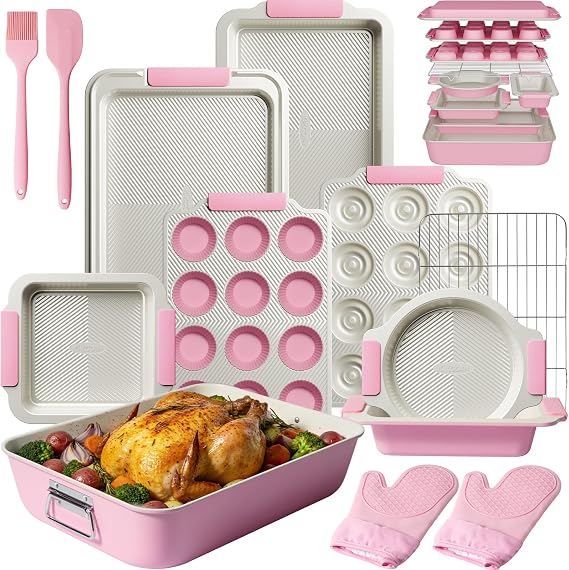 Kikcoin 25-Piece Nonstick Baking Pans Set with Large Turkey Roasting Pan, Stackable Bakeware Set, 450F Oven Safe Baking Sheet Set with Silicone Handles, Carbon Steel Cookie Sheets for Baking, Pink