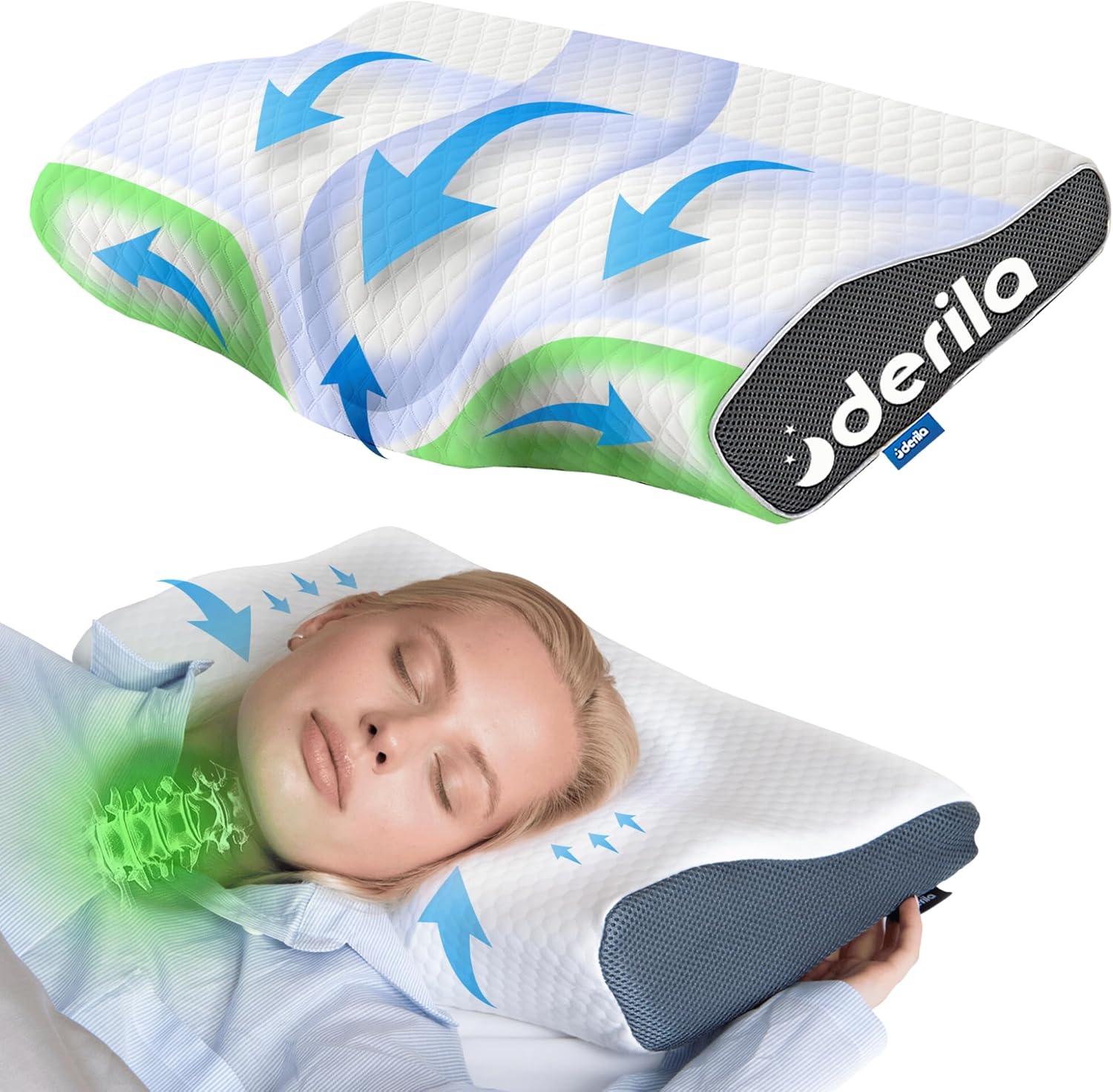Derila Memory Foam Pillow. The Perfect Bed Pillow for Side, Back, Stomach Sleepers. With Contoured Pillow You Will Wake Up Refreshed Pack of 1