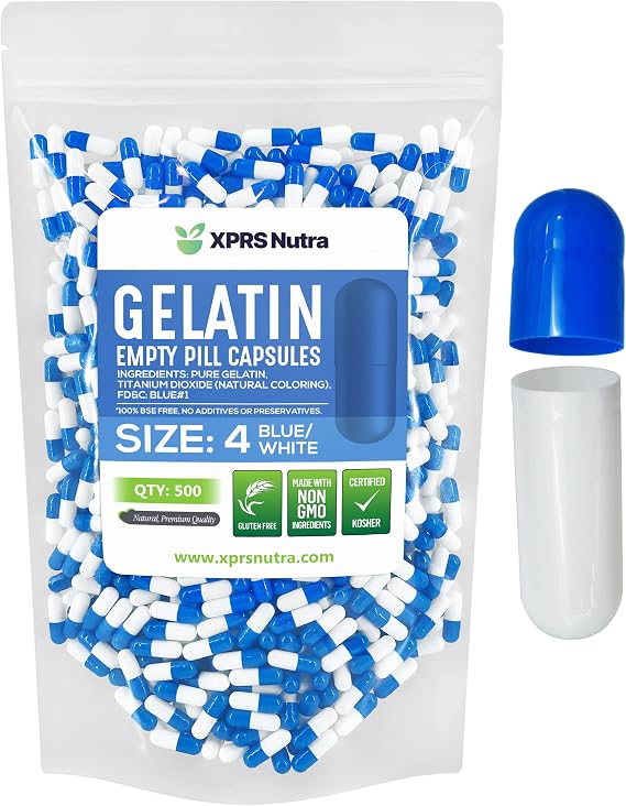 XPRS Nutra Size 4 Empty Capsules - 500 Count Small Empty Gelatin Capsules - Pills DIY Capsule Filling - Fillable Pure Bovine Pill Gel Caps for Do-It-Yourself Supplements (Blue/White)