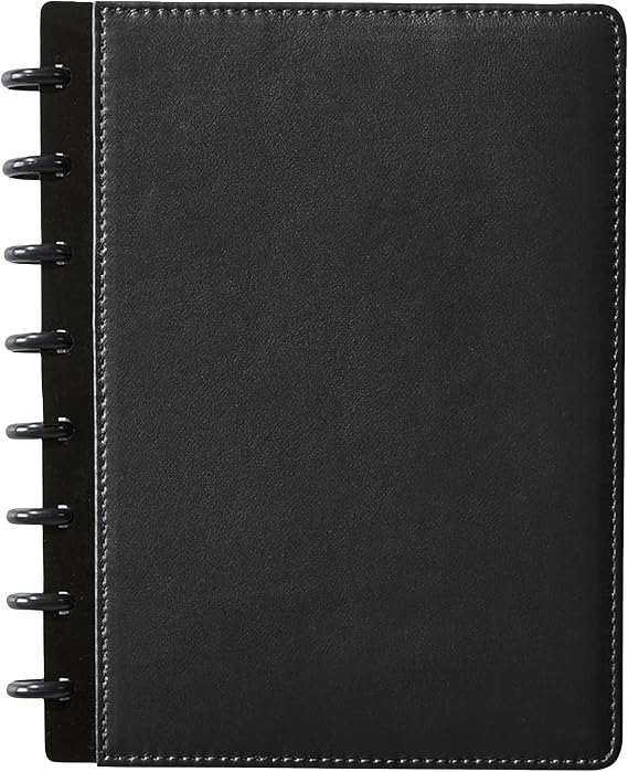 Levenger Circa Premium Leather Foldover Discbound Notebook Journal with Pockets, Black, Junior