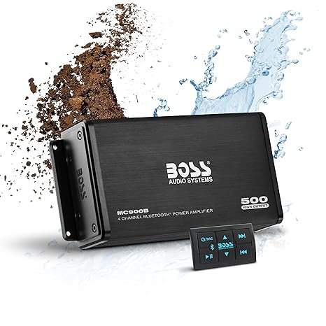 BOSS Audio Systems MC900B 4 Channel Amplifier for ATV UTV Car Marine - 500 High Output, Low Level Inputs, Full Range, Weatherproof, Bass for Subwoofer