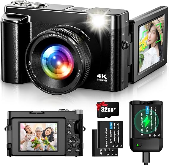 Digital Camera 4K 48 Megapixels Digital Camera Auto Focus Function 180 Degree Rotatable Display 16x Zoom 32GB Card | 180度回転可能ディスプレイ 16倍ズーム 手振れ補正 ウェブカメラ 自撮り便利 3インチ大画面 美顔フィルター 52mmUVフィルター付属 バッテリー2枚 コンパクト