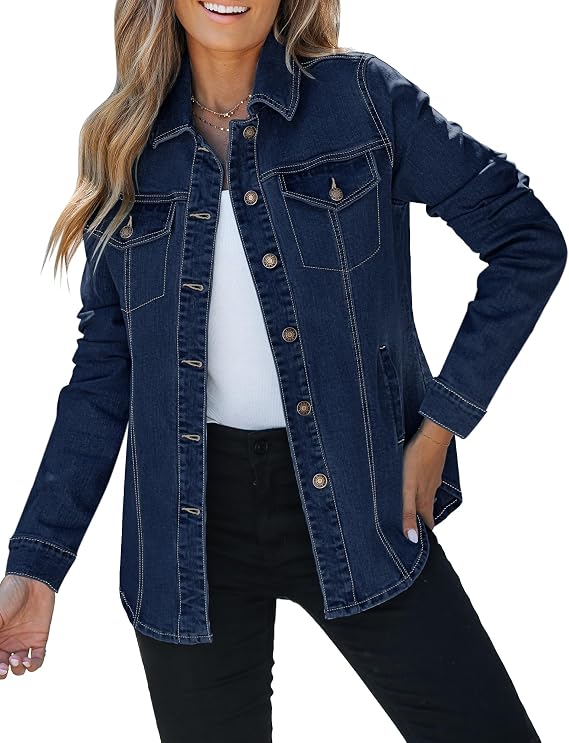 Roskiky Jeans Jacket Women's Denim Jacket Western Oversized Shacket Jacket Button Up with Pockets