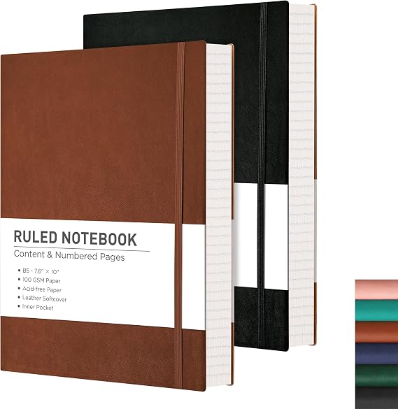 RETTACY Lined Journal Notebook, 2-Pack, 204 Numbered Pages per Pack, B5 Medium 7.6" 10", Leather Softcover, 100 GSM Thick Paper, for Writing, Work, School (Black & Brown)