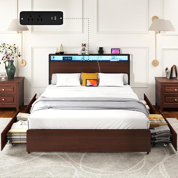 Zevemomo Full Size Bed Frame with 4 Storage Drawers, Full Platform Bed Frames with 2 Tier Storage Headboard, Charging Station, Adjustable LED Light, Noise-Free, No Box Spring Required, Reddish Brown
