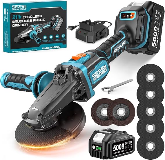 SEESII Flathead Brushless Angle Grinder, 5.0Ah Battery and Fast Charger, Drop Protection, 21V 6 Variable Speed Cordless Grinder Kit 4-1/2 to 5" Cut Off Tool for Metal Cutting, Auto Body, DIY