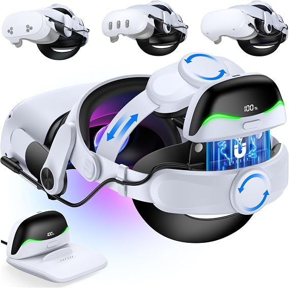 VR Headstrap für Meta Quest 2/3/3SMagnetische Verbindung-13400 mAh Hot-Swap-Powerbank Ersatz-Komfort-Überkopfgurt gleicht Kopfdruck Zubehör für VR Headset aus MQ4002