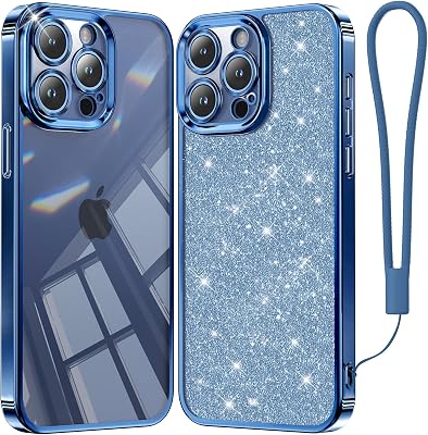 Meifigno Candy Series Designed for iPhone 15 Pro Case, Never Fade Metallic Glossy Bumper, [Glitter Card & Wrist Strap] Soft Clear Back for iPhone 15 Pro Phone Case Women Girly, Deep Blue