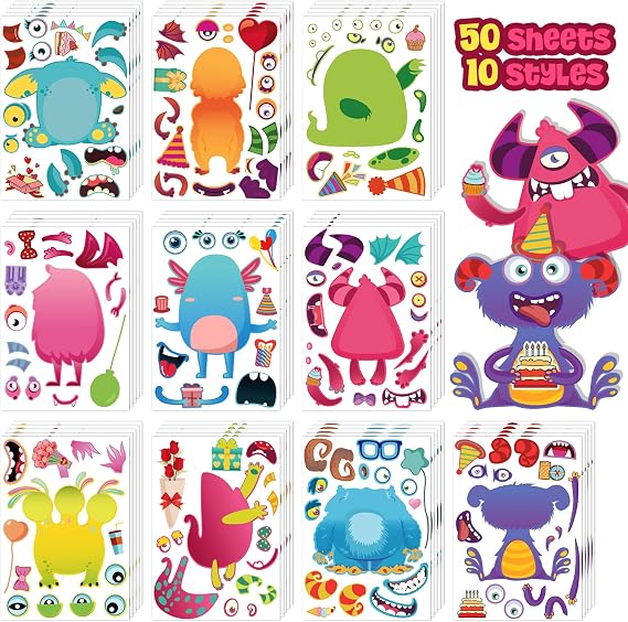 Make a Face Stickers, 50 Sheets Monster DIY Stickers for Kids | 10 Styles Reward Stickers for Parents&Tearchers&Toddlers,Gift For Goodie Bag&Valentine's Day &Party Favors&Birthday