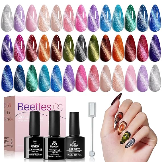 Beetles Cat Eye Gel Nail Polish Set, 20 Colors Fall Cat Eye Gel Nail Kit | Nude Pink Green Blue Purple Brown Black Magnet Base Coat Glossy Matte Top Coat Soak Off UV Salon DIY Gift for Women