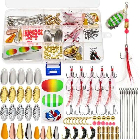 Fishing Lure Spinnerbait Kit with Tackle Box, 8 Pcs/10 Pcs Bass Trout Perch Salmon Hard Metal Rooster Tail Fishing Lures Kit