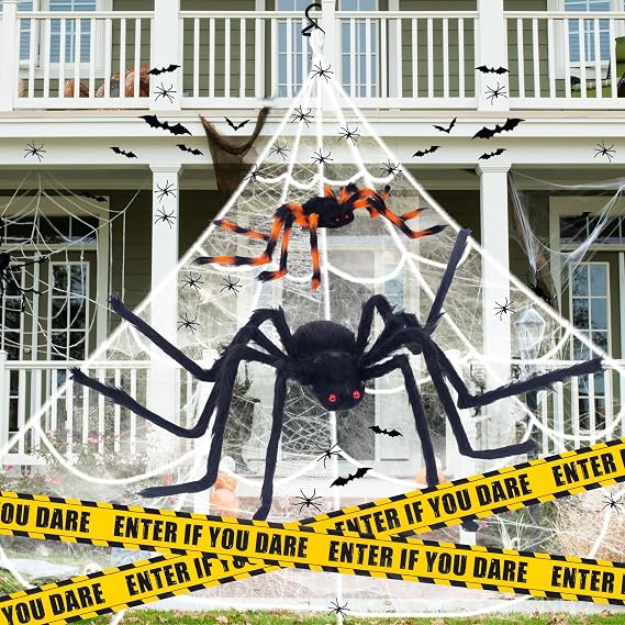 Large Halloween Decorations Outdoor Garden Indoor Home Decor Props - 2 Giant Spider 50"/30", 200" Spider Web, 20 Small Fake Spiders, Cobweb, Bats, Caution Tape, Scary Halloween Party Decorations