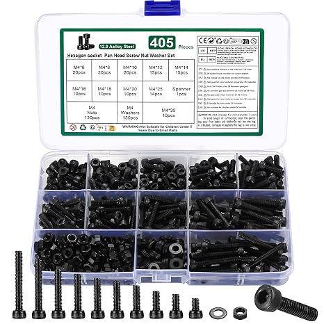 405 Pcs Black M4 Bolts And Nuts, M4 Screws | nuts and bolts with washers set, machine screws,hex head bolts Assortment Kit for DIY Bicycle Motorcycle Repair