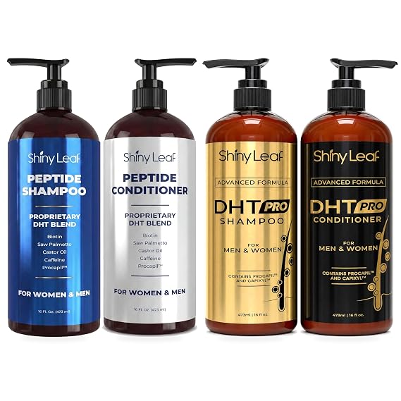 Shiny Leaf DHT Pro & Peptide Shampoo and Conditioner Sets, 4 x 16 oz | DHT Pro and copper peptide shampoo and conditioner sets with biotin, caffeine and saw palmetto. Sulfate free, USA made