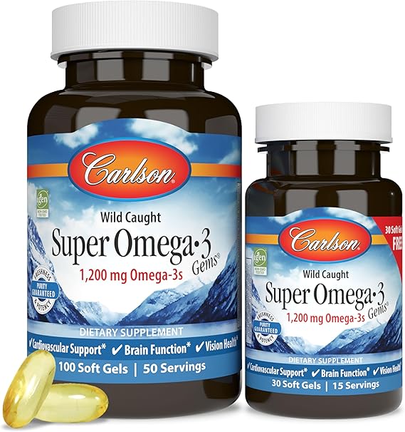 Carlson Super Omega-3 Gems, 1200 mg, Omega-3s, 100 + 30 Softgels | with EPA and DHA; Wild Caught Norwegian Fish Oil Supplement; Sustainably Sourced Fish Oil Capsules; Omega 3 Supplements