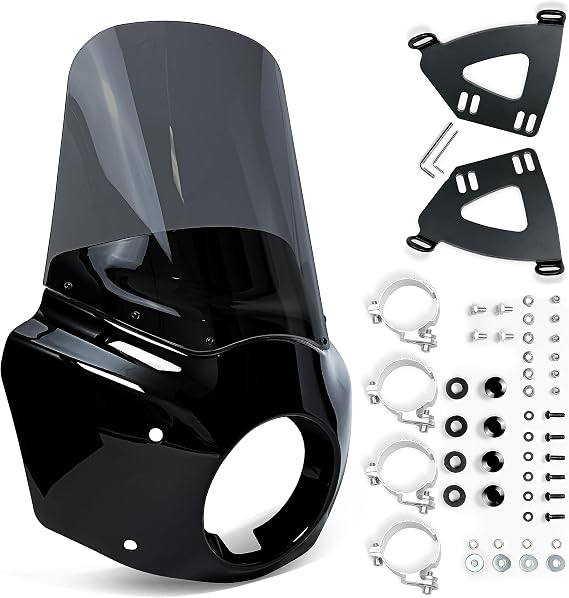 Motorcycle Windshield and Fairing Complete Kit, Glossy Black & Smoke Windscreen, Road Warrior Windshield, Motorcycle Accessories, Compatible with Harley Davidson Dyna and Softail, 15" Height