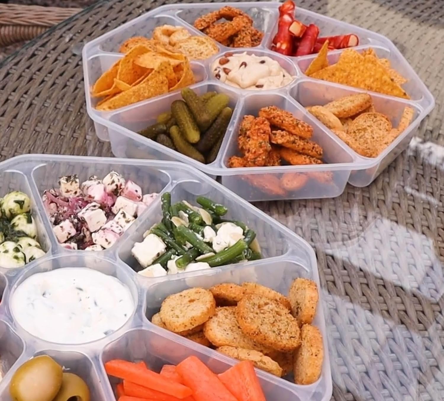 8 Section Nibble Tray with lid - Plastic Serving Tray - Platter for Party Food - Reusable Buffet Snack Trays - Eight Compartment Nibble Serving Dishes. Set of 2