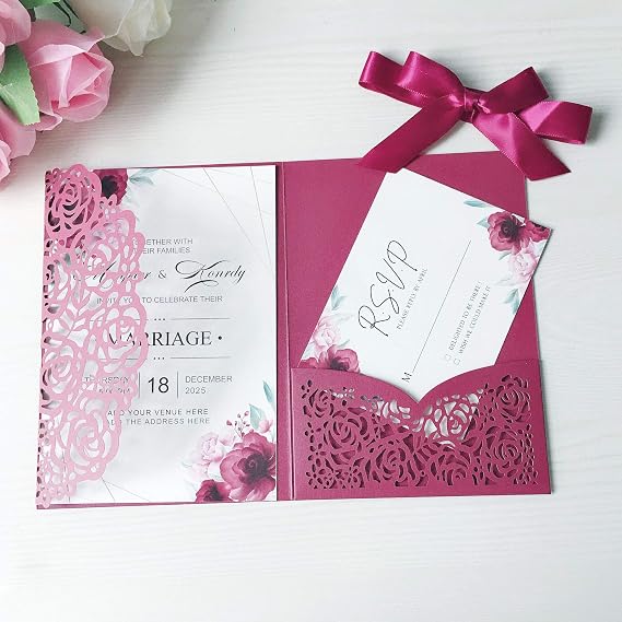 20PCS 5.1'' x 7.1'' Tri-fold Laser Cut Flora Wedding Invitations Cards with Envelopes Ribbons for Wedding Bridal Shower Engagement Birthday Graduation Invite (Burgundy)