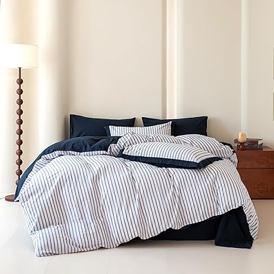 SUSYBAO Striped Duvet Cover King 100% Washed Cotton 3 Pcs Set 1 Navy Blue Stripe Duvet Cover with Zipper Ties 2 Pillow Shams Classic Denim Blue White Pinstripe Bedding Set Soft Comfortable