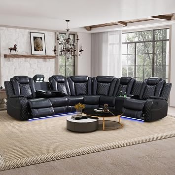 Power Recliner Sectional Sofa Set, Black Leather Reclining Couch Set, L-Shaped Sectional Living Room Furniture with USB Port/Storage/Cup Holders (Sectional)