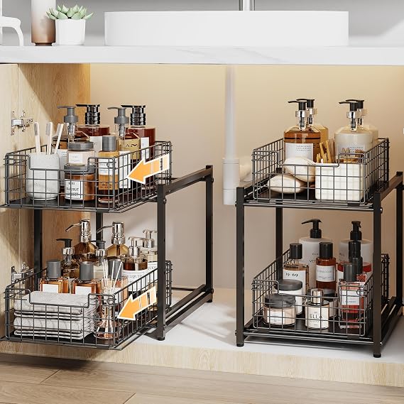 Under Sink Organizer, 2-Tier Pull Out Cabinet Organizer | Kitchen Bathroom Organizer and Storage, Spice Rack for Kitchen, Multi-use Sliding Drawers Shelves (1, Black)