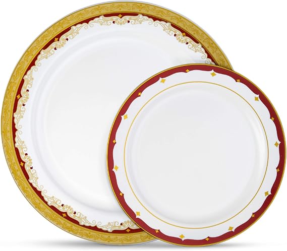 Laura Stein Vintage Burgundy & Gold Rim Disposable Plastic Plates, 32 Count | Includes 10.75 in dinner & 7.5 in salad sizes; china look for Thanksgiving, Christmas, weddings & holiday dinners