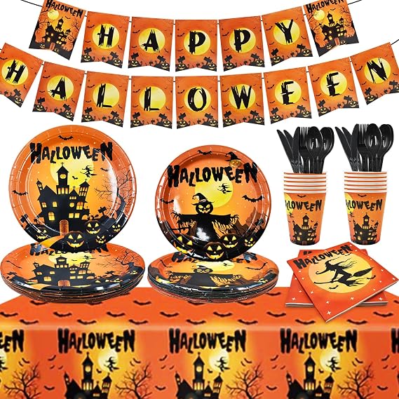 114 Pcs Halloween Tableware Sets, Disposable Halloween Party Supplies | Dinnerware Set Include 9 & 7 Inch Paper Dinner Plates, Napkins, Cups, Tablecloth, Disposable Cutlery, Banner, Serves 16