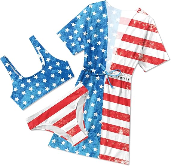 AIDEAONE 5-16T Girls Bathing Suit 3 Piece Swimsuit Drawstring Quick Dry Tankini with Cover Ups