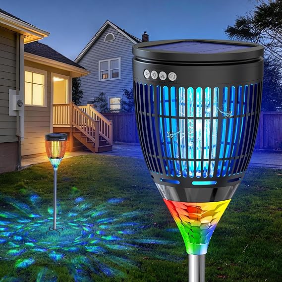 Solar Bug Zapper Outdoor, Mosquito Zapper with Flame Light, RGB Projector | 4200V Electric Grid, Solar & USB Charging, Smart Auto Mode, IP65 Waterproof Mosquito Zapper for Patios Gardens Camping Yards