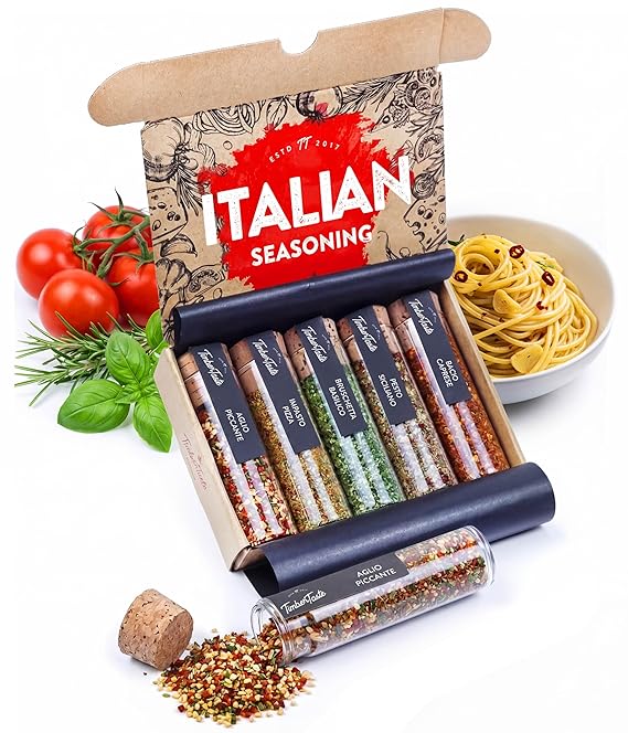 TIMBER TASTE Italian Spice Sampler Set - 5 Mediterranean Herb Blends Impasto Pizza Caprese Pesto Bruschetta Aglio Piccante | Italian Seasoning Foodie Cooking Kit | Pasta Gift - Birthday Gift for Him