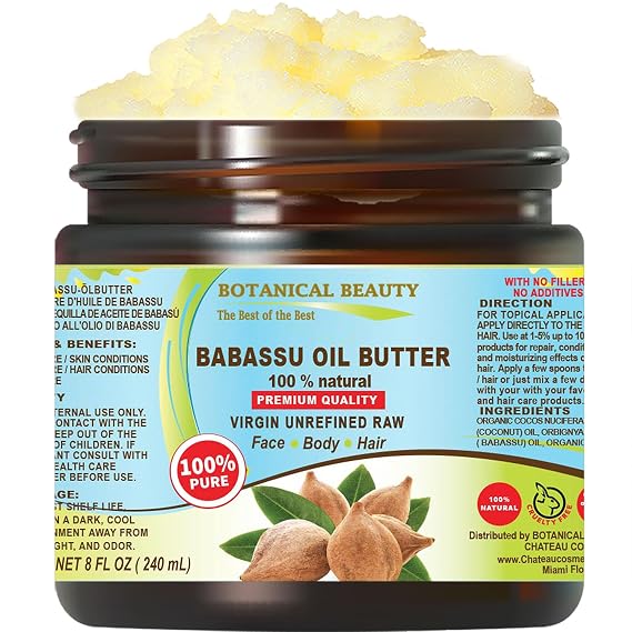 Botanical Beauty BABASSU OIL BUTTER Pure Natural VIRGIN UNREFINED RAW Cold-Pressed for Face, Skin, Body, Hair, Lip, Nails. Rich in Vitamin E, Vitamin C (8 Fl Oz)