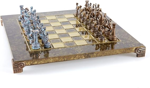 Greek Roman Army Chess Set - Blue&Copper with Brown Board
