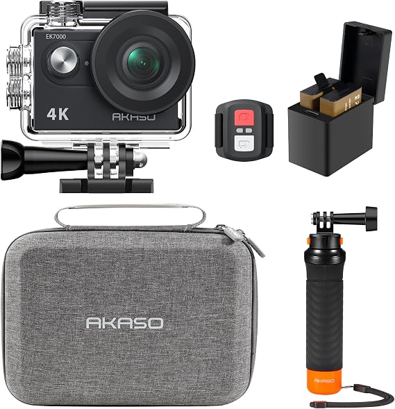 AKASO EK7000 4K30fps 20MP Action Camera EIS Ultra HD 131FT Waterproof Underwater Camera with Waterproof Floating Hand Grip Bundle and Carrying Case Helmet Accessories Kit Bundle