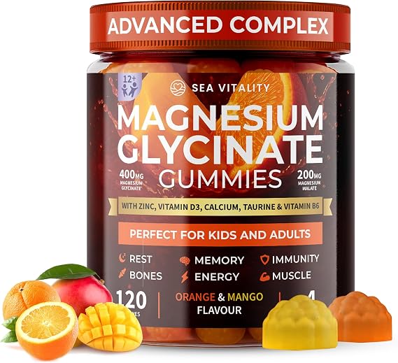 Magnesium Glycinate Gummies for Kids & Adults - High Strength Magnesium Glycinate 400mg with Malate, Zinc, D3, B6 & Taurine – Orange & Flavours – Sleep, Focus & Relaxation – 120 Chews